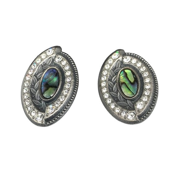 NURI Signed Inlaid Abalone Crystal and Leaves Evil Eye Design Pewter Stud Earrin - Picture 3 of 6
